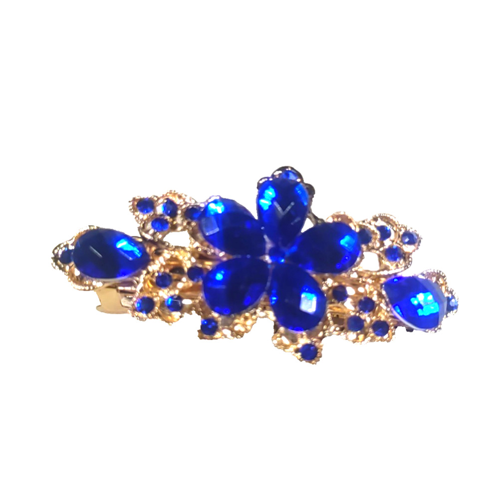 Royal Blue Gold Tone Hair Barrette Tension Clip Elegant Feminine